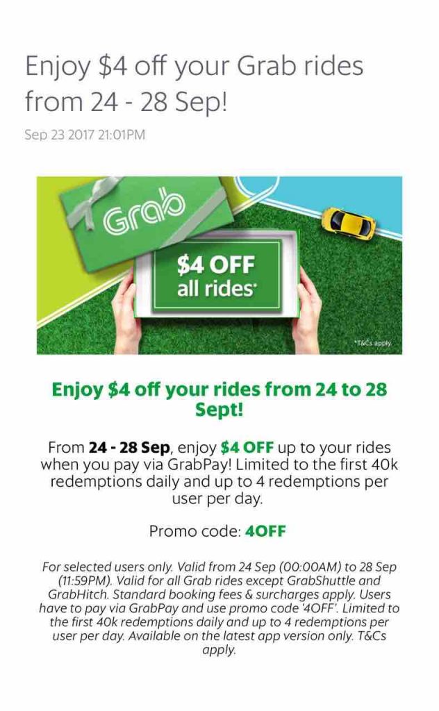 Grab Singapore $4 Off Up to 4 Rides 4OFF Promo Code 24-28 Sep 2017 | Why Not Deals