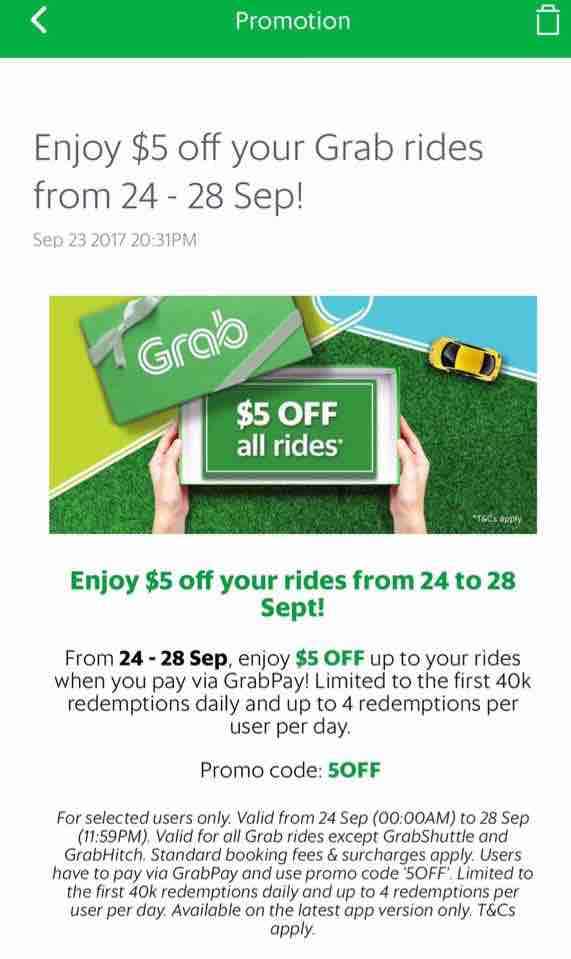 Grab Singapore $5 Off Grab Rides 5OFF Promo Code 24-28 Sep 2017 | Why Not Deals