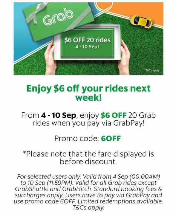 Grab Singapore $6 Off 20 Grab Rides 6OFF Promo Code 4-10 Sep 2017 | Why Not Deals