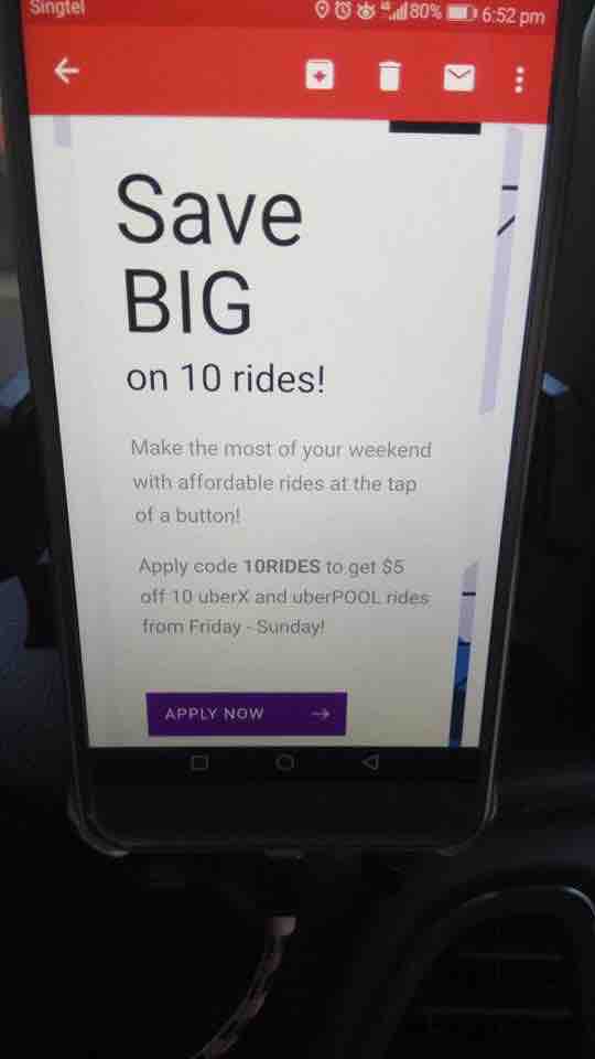 Uber Singapore $3, $4, $5 Off 10 UberPOOL or UberX Rides 15-17 Sep 2017 | Why Not Deals 1