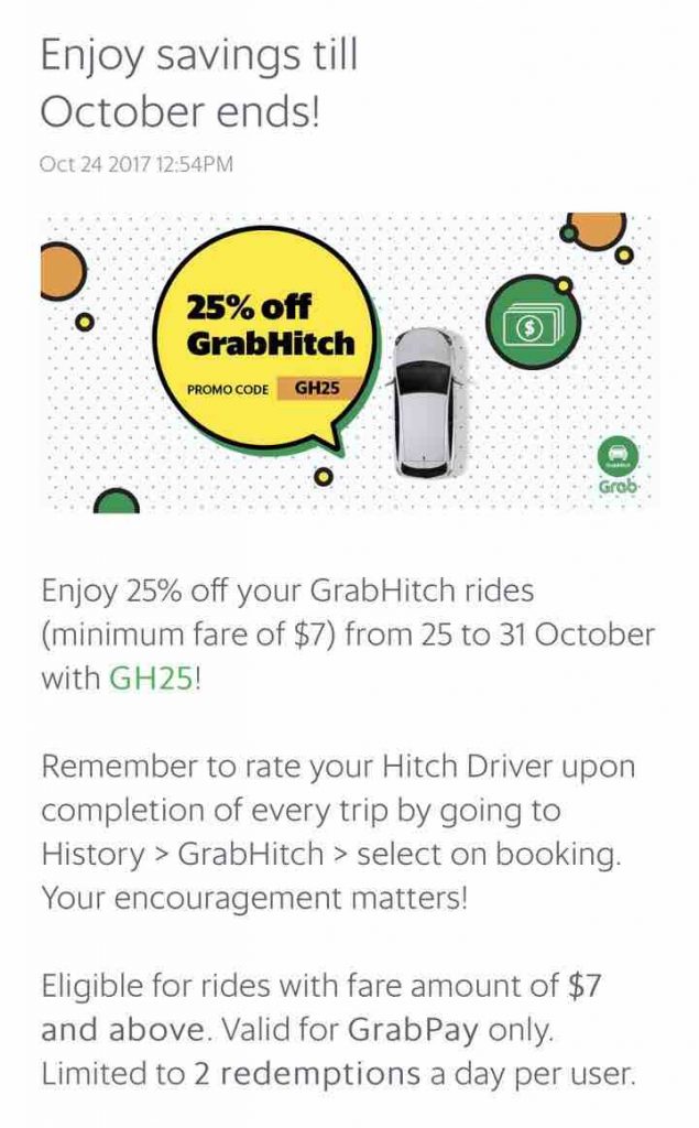 Grab Singapore 25% Off GrabHitch Rides GH25 Promo Code 25-31 Oct 2017 | Why Not Deals