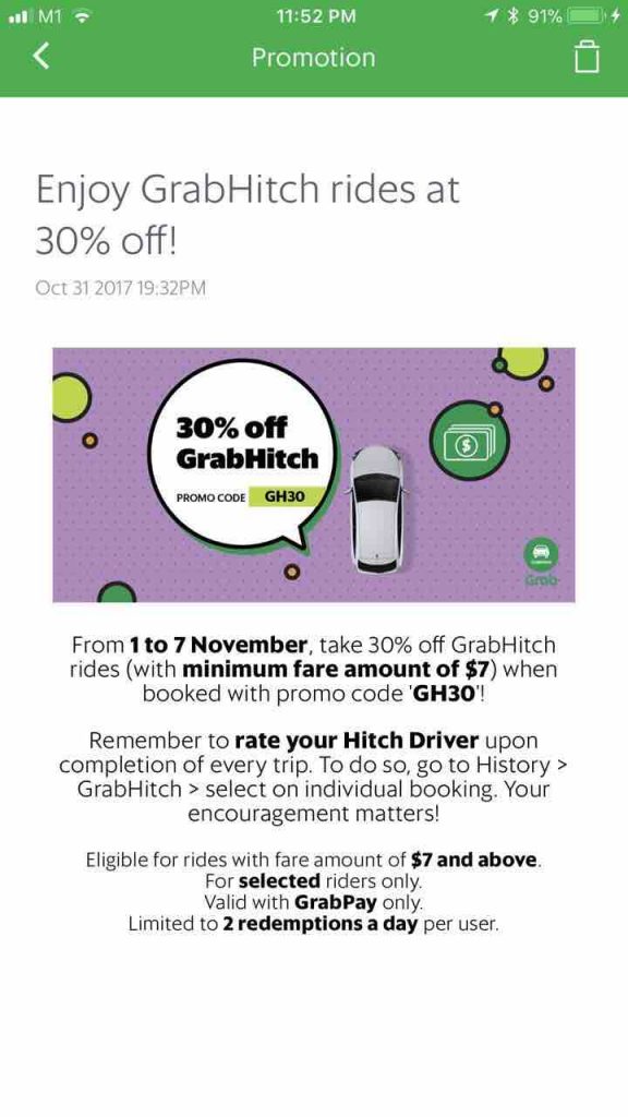 Grab Singapore 30% Off GrabHitch Rides GH30 Promo Code 1-7 Nov 2017 | Why Not Deals