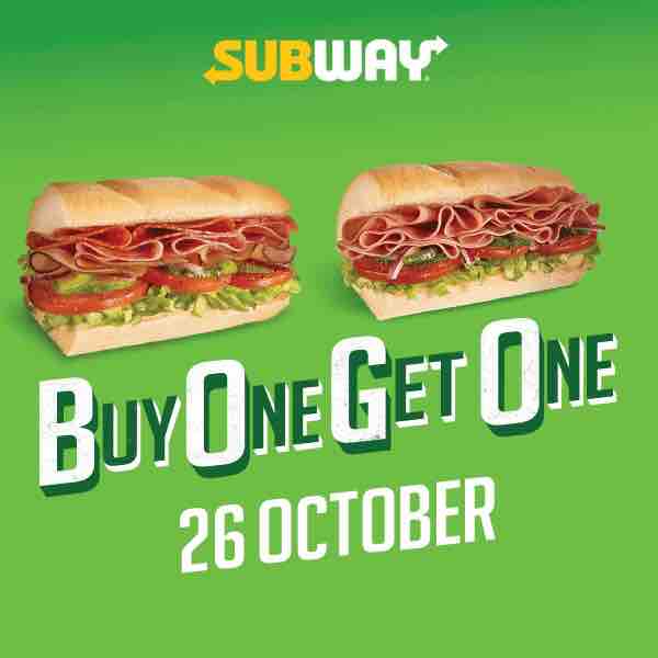 Subway Singapore Buy One Get One FREE Promotion 11am-9pm 26 Oct 2017 ...