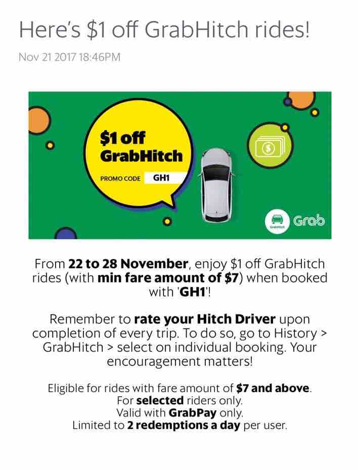 Grab Singapore $1 Off GrabHitch Rides with GH1 Promo Code 22-28 Nov 2017 | Why Not Deals