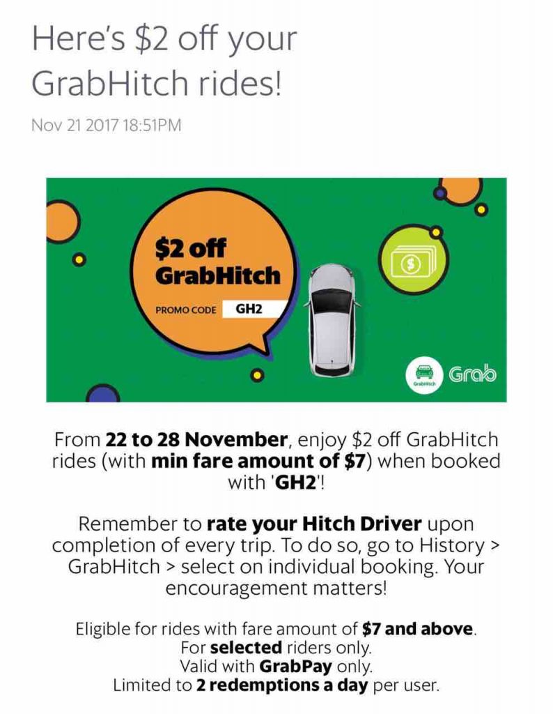 Grab Singapore $2 Off GrabHitch Rides with GH2 Promo Code 22-28 Nov 2017 | Why Not Deals