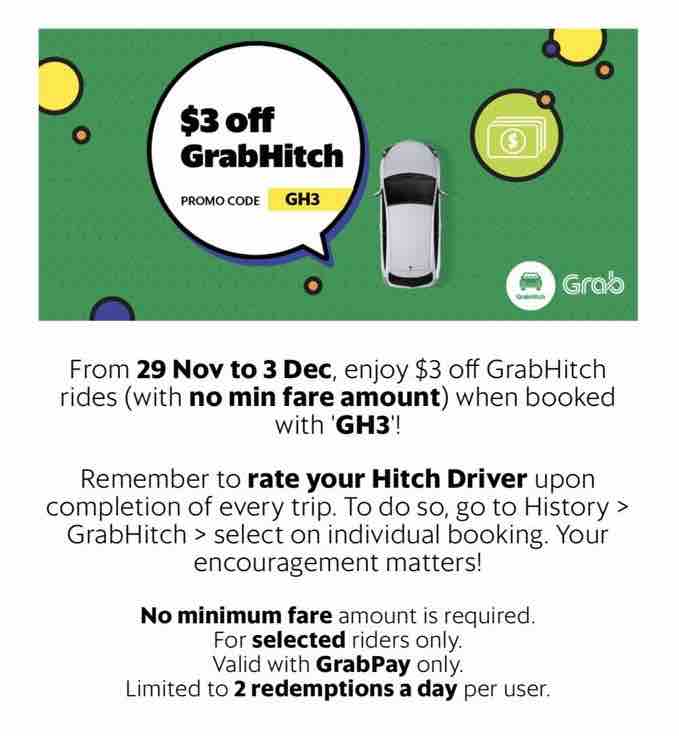 Grab Singapore $3 Off GrabHitch Rides with GH3 Promo Code 29 Nov - 3 Dec 2017 | Why Not Deals