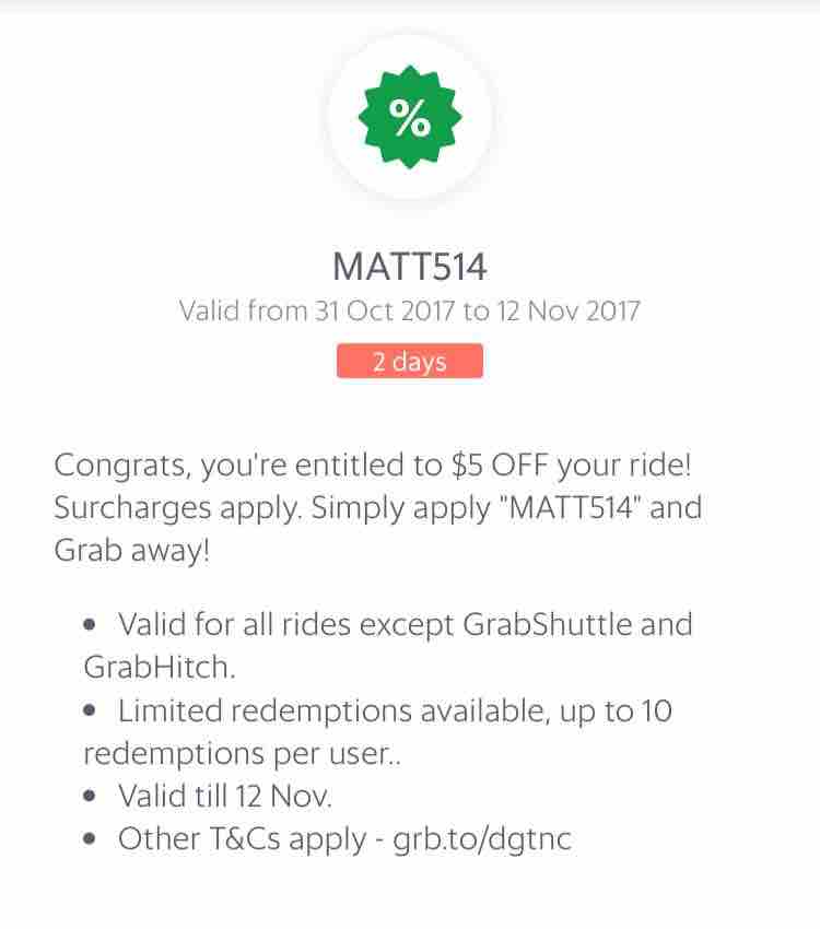 Grab Singapore $5 Off Grab Rides with MATT514 Promo Code 31 Oct - 12 Nov 2017 | Why Not Deals
