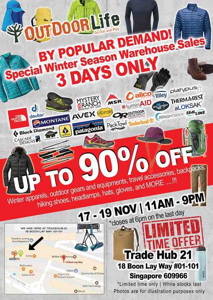 Outdoor Life Singapore Winter Season Warehouse Sales 90% Off Promotion 17-19 Nov 2017 | Why Not Deals