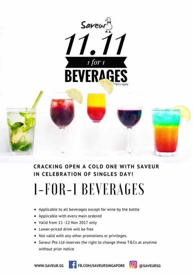 Saveur Singapore Singles Day 1-for-1 Beverages Promotion 11-12 Nov 2017 | Why Not Deals