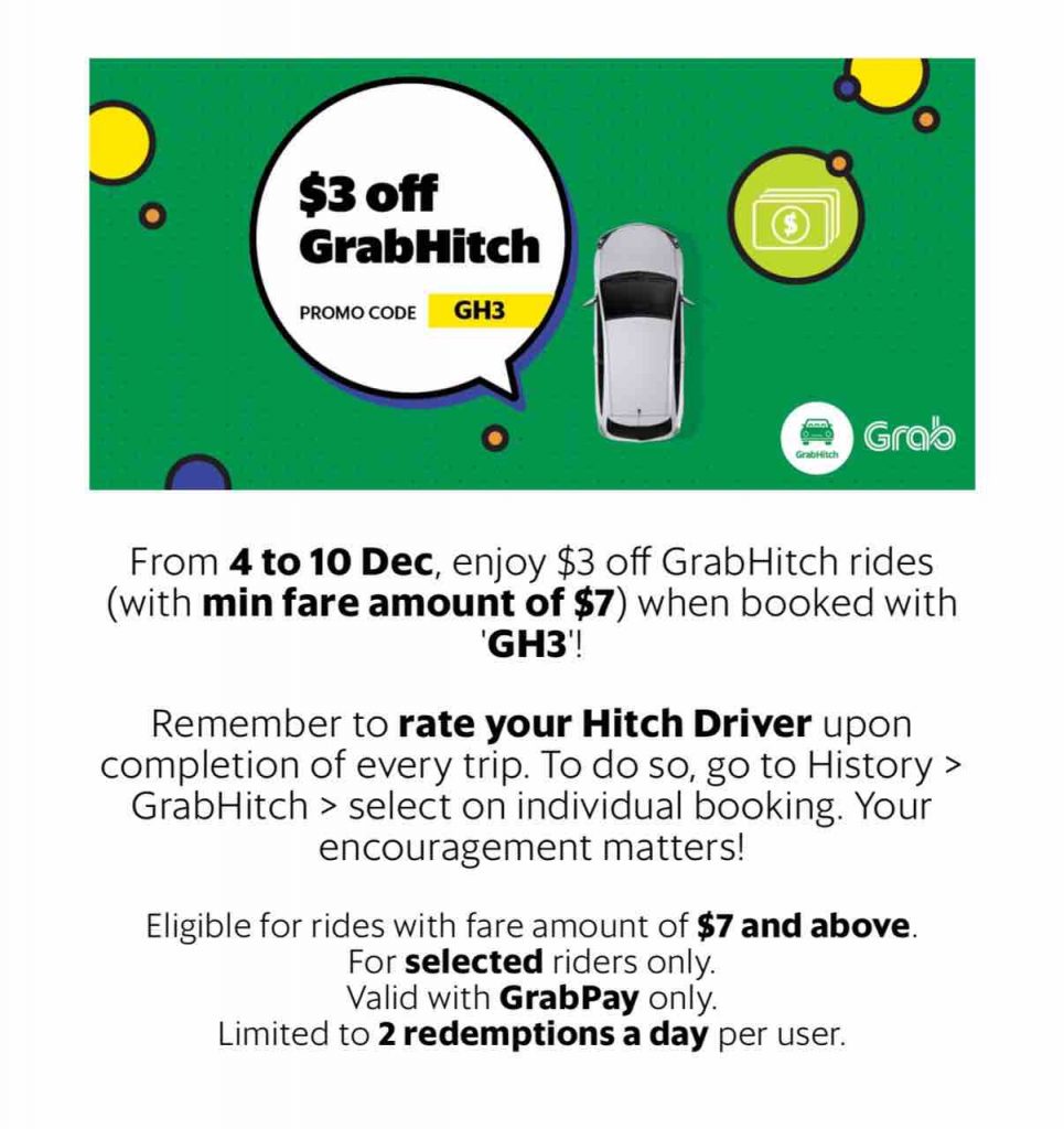 Grab Singapore $3 Off GrabHitch Rides GH3 Promo Code 4-10 Dec 2017 | Why Not Deals