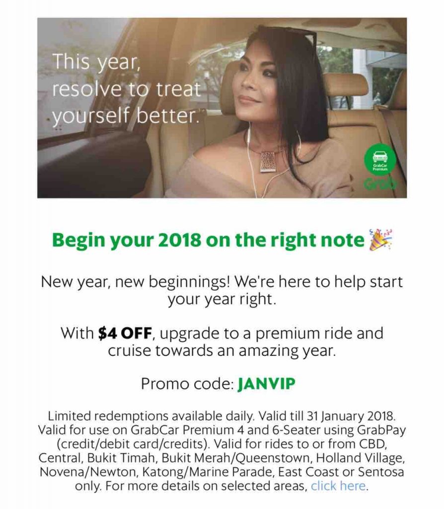 Grab Singapore $4 Off GrabCar Premium 4 and 6-Seater JANVIP Promo Code ends 31 Jan 2018 | Why Not Deals