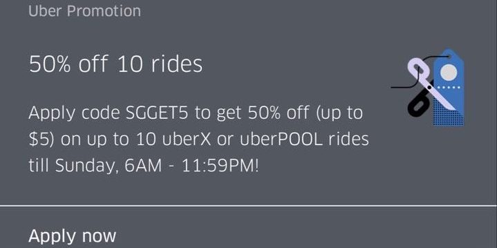Uber Singapore 50% Off 10 uberX or uberPOOL Rides SGGET5 Promo Code ends 7 Jan 2018