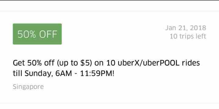 Uber Singapore 50% Off 10 uberX/uberPOOL with 50OFFRIDES ends 21 Jan 2018