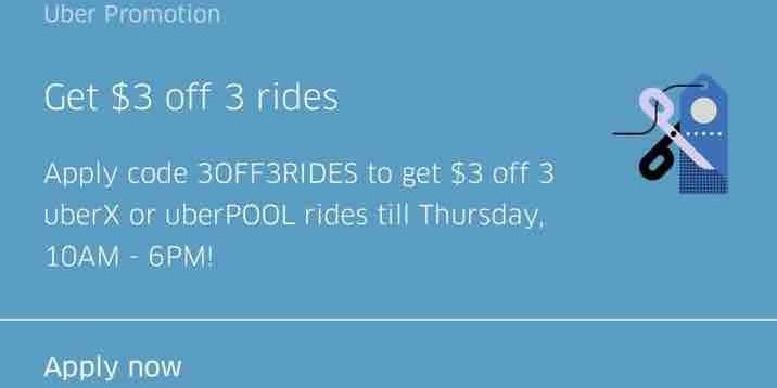 Uber Singapore Get $3 Off 3 Rides with 3OFF3RIDES Promo Code ends 18 Jan 2018