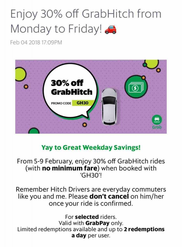 Grab Singapore 30% Off GrabHitch Rides with GH30 Promo Code 5-9 Feb 2018 | Why Not Deals