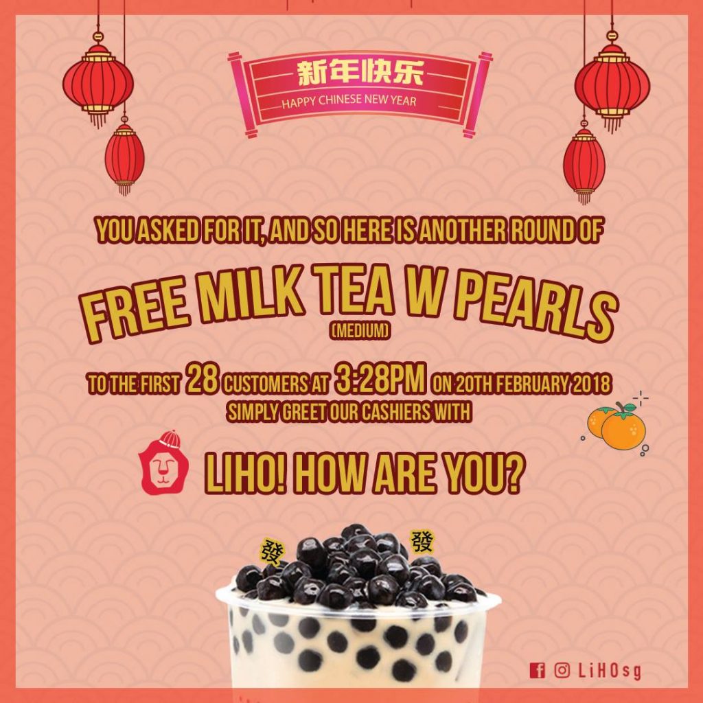 LiHO Singapore FREE Milk Tea with Pearls for 1st 28 Customers at 3.28PM on 20 Feb 2018 | Why Not Deals