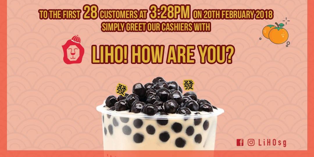 LiHO Singapore FREE Milk Tea with Pearls for 1st 28 Customers at 3.28PM on 20 Feb 2018