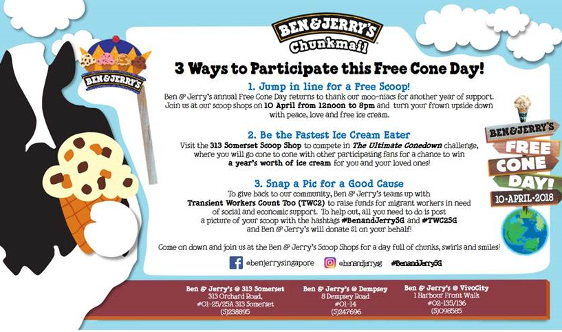 Ben & Jerry Singapore 40th FREE Cone Day is happening 12pm-8pm 10 April 2018 | Why Not Deals