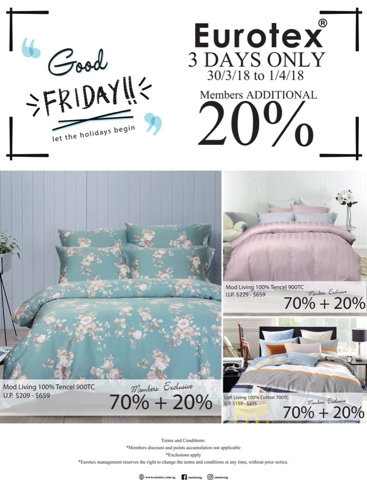 Eurotex Singapore Good Friday 20% Off Storewide Promotion 30 Mar - 1 Apr 2018 | Why Not Deals