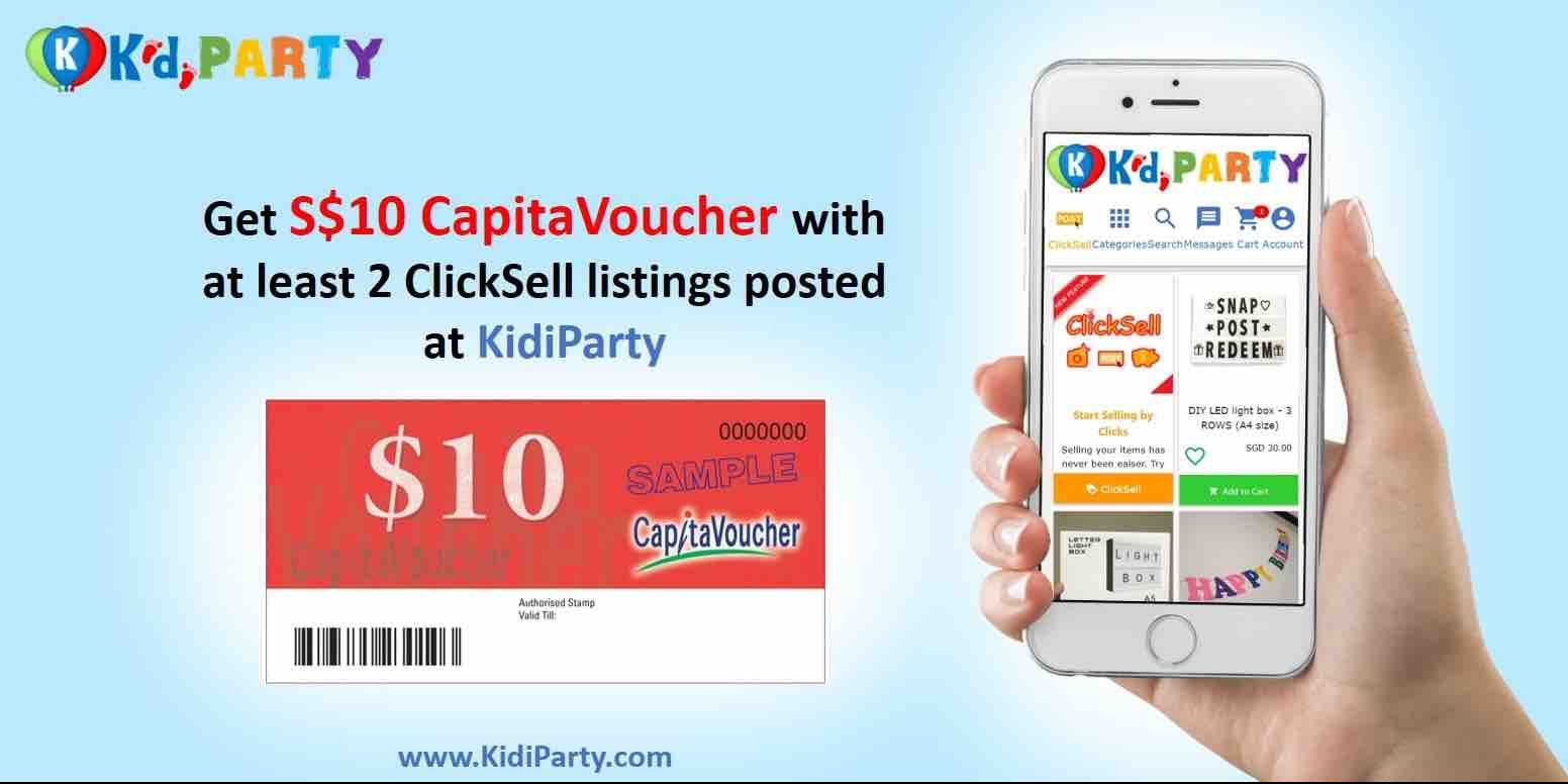 KidiParty Singapore Post 2 Party Items & Redeem a S$10 CapitaVoucher using ClickSell