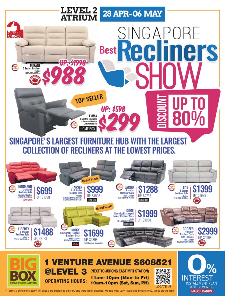 BigBox Singapore Best Recliners Show Up to 80% Off Promotion 28 Apr - 6 May 2018 | Why Not Deals 1