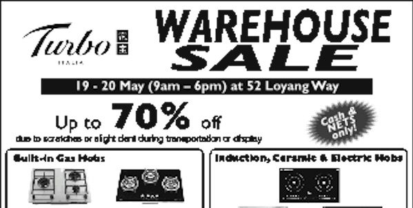 Turbo Singapore May Warehouse Sale Up to 70% Off Promotion 19-20 May 2018