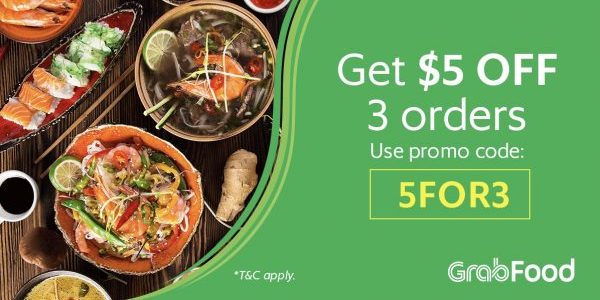 GrabFood Singapore $5 Off your next 3 Meals with 5FOR3 Promo Code ends 24 Jun 2018