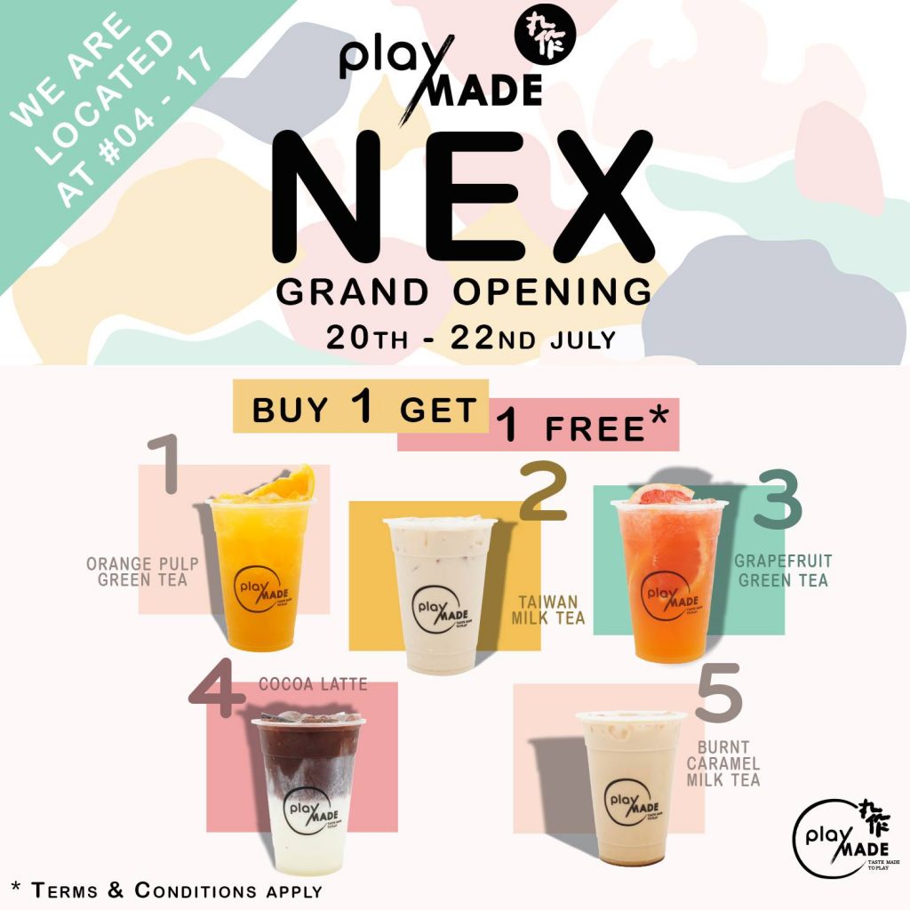 Playmade Singapore NEX Shopping Mall Opening 1-for-1 Promotion 20-22 Jul 2018 | Why Not Deals