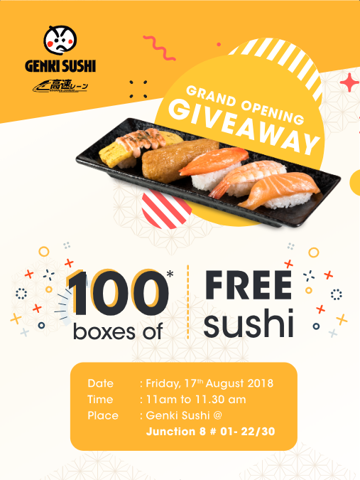 Genki Sushi Singapore Grand Opening Giveaway 100 Boxes of Sushi on 17 Aug 2018 | Why Not Deals