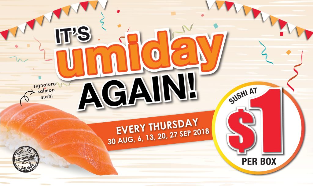 umisushi Singapore $1 Sushi Deal is back every Thursday ends 27 Sep 2018 | Why Not Deals