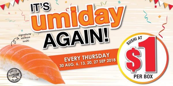umisushi Singapore $1 Sushi Deal is back every Thursday ends 27 Sep 2018