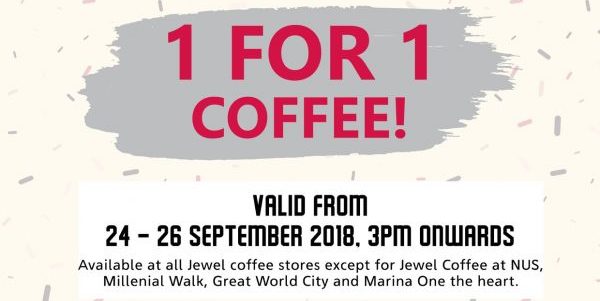 Jewel Coffee Singapore 1-for-1 Drinks from 3pm onwards 24-25 Sep 2018