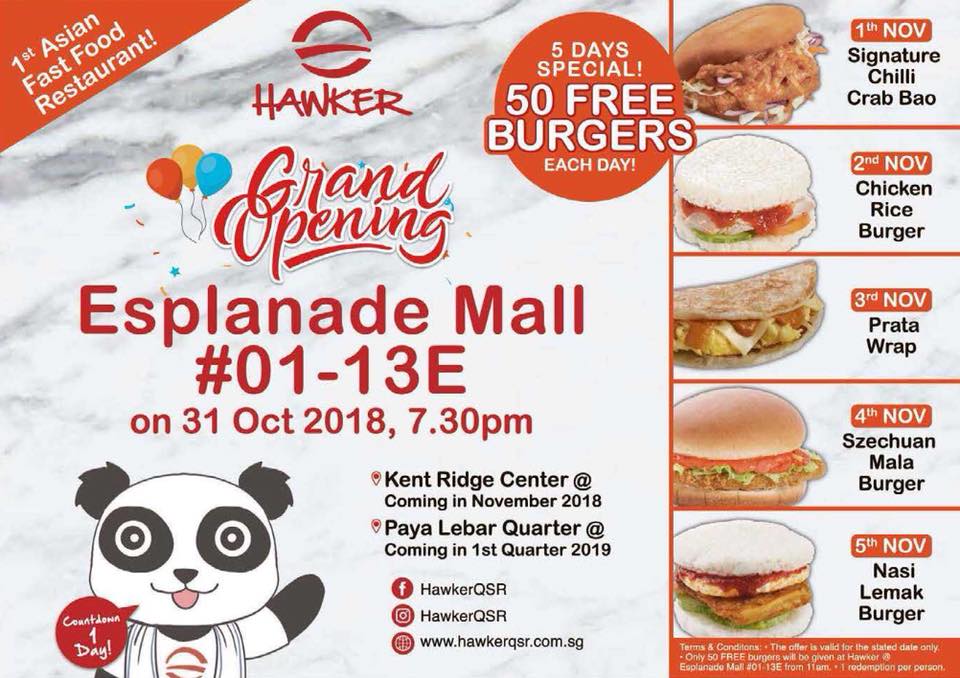 Hawker QSR Singapore Grand Opening 50 FREE Burgers Daily Promotion 1-5 Nov 2018 | Why Not Deals