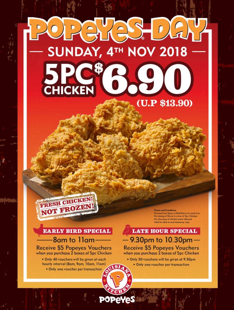 Popeyes Singapore 5pc Chicken for $6.90 Promotion only on 4 Nov 2018 | Why Not Deals