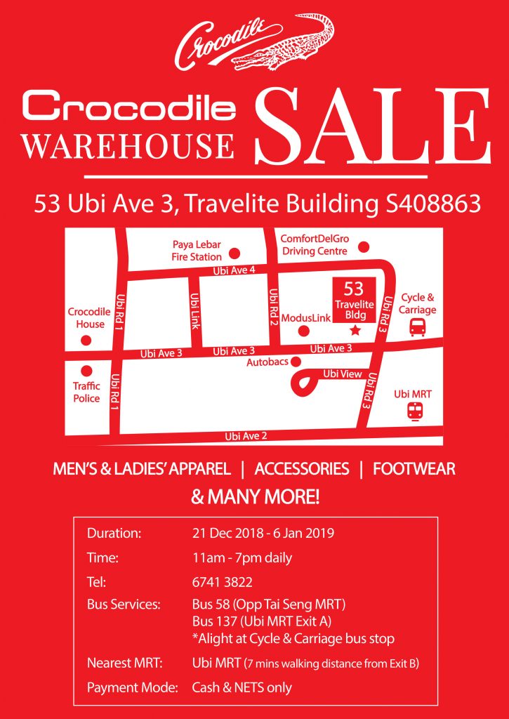 Crocodile Singapore Warehouse Sale Up to 80% Off Promotion 21 Dec 2018 - 6 Jan 2019 | Why Not Deals