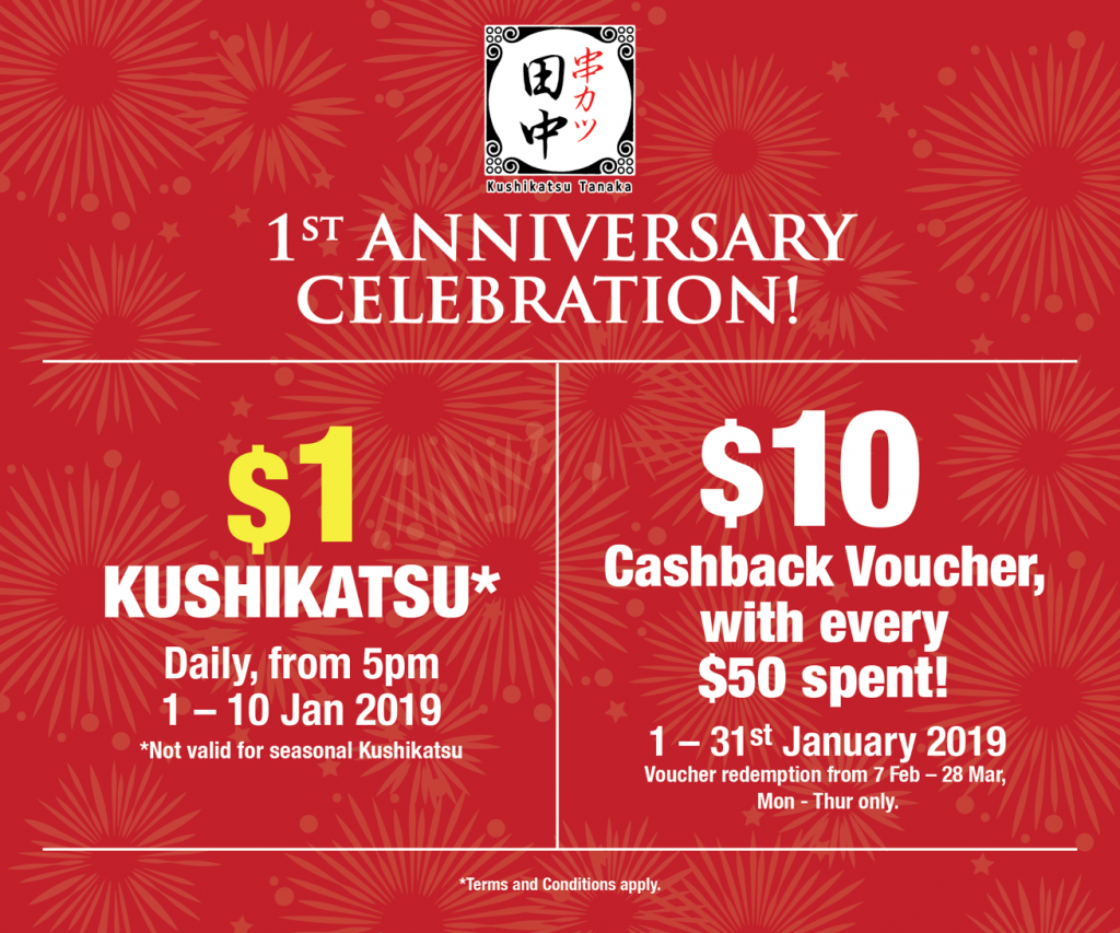 Kushikatsu Tanaka Singapore 1st Anniversary $1 Skewer & $10 Cashback Promotion 1-31 Jan 2019 | Why Not Deals 2