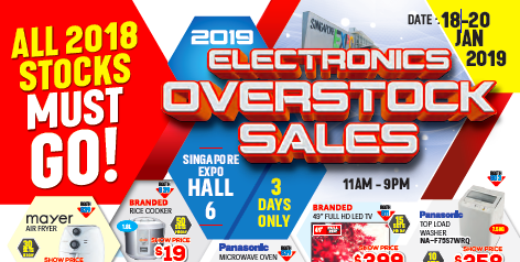 Singapore Electronics Overstock Sales Up to 90% Off Promotion 18-20 Jan 2019