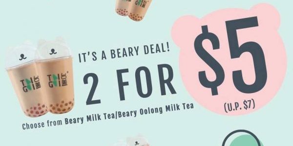 TaiGai Singapore 2 cups of Beary Milk Tea/Beary Oolong Milk Team for $5 Promotion ends 14 Feb 2019