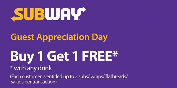 Subway Singapore Guest Appreciation Day Buy 1 Get 1 FREE Promotion 2 May 2019