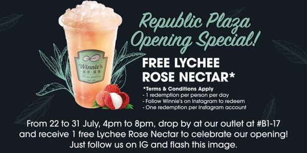 Winnie’s Singapore Republic Plaza Opening Special FREE Lychee Rose Nectar Promotion 22-31 Jul 2019