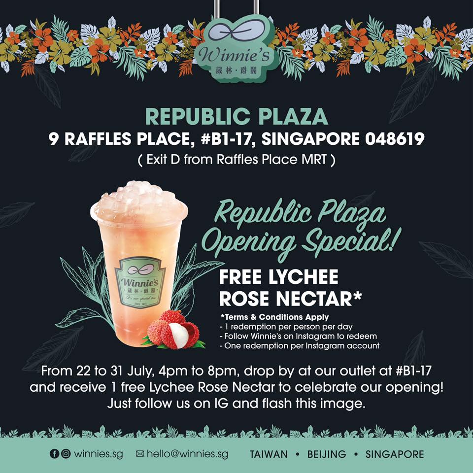 Winnie's Singapore Republic Plaza Opening Special FREE Lychee Rose Nectar Promotion 22-31 Jul 2019 | Why Not Deals