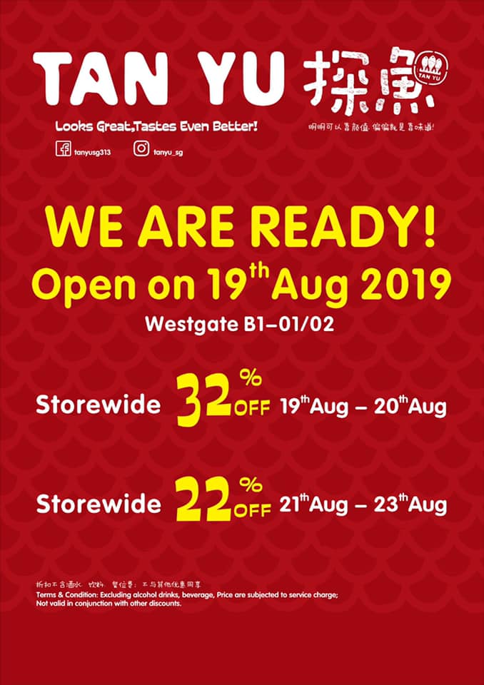 Tan Yu Singapore Westgate Outlet Opening Special 22% Off Promotion 21-23 Aug 2019 | Why Not Deals 4