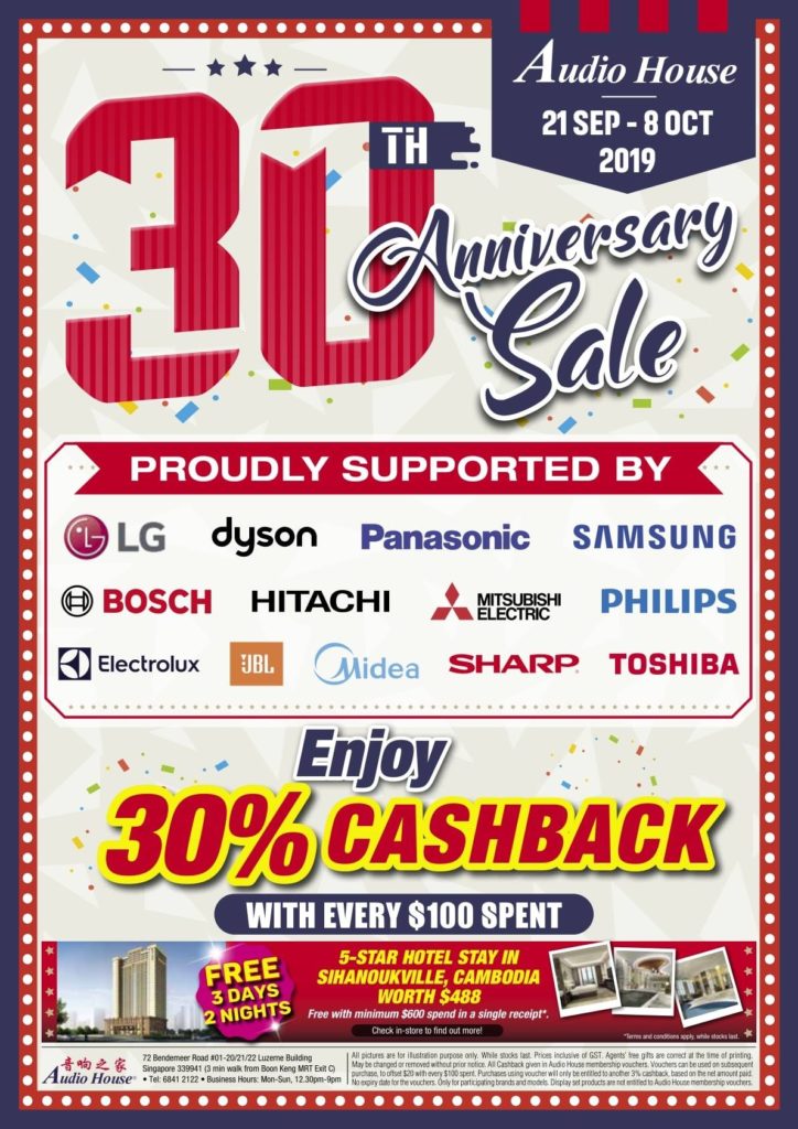 Audio House Singapore 30th Anniversary Sale Up to 30% Cashback Promotion 21 Sep - 8 Oct 2019 | Why Not Deals