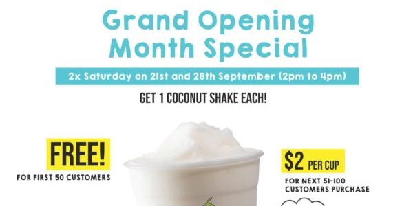 Mr Coconut Singapore FREE COCONUT SHAKE Grand Opening Month Special Promotion 21 & 28 Sep 2019