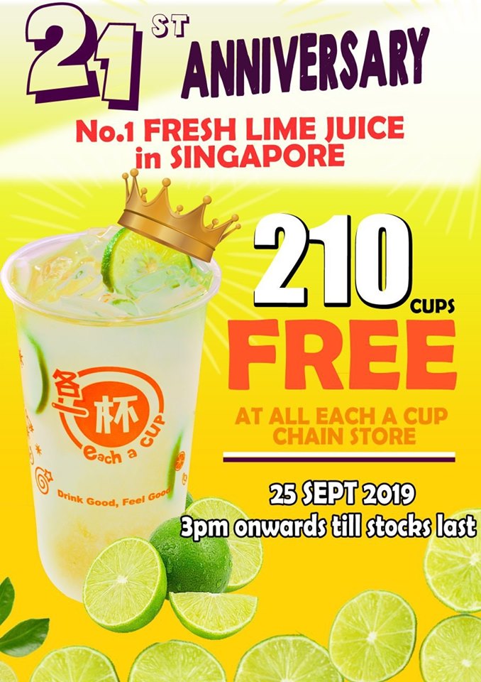 Each-a-Cup Singapore 21st Anniversary FREE Fresh Lime Juice Promotion 25 Sep 2019 | Why Not Deals