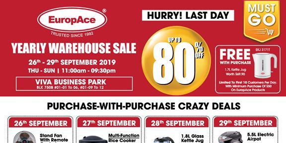 EuropAce Singapore Yearly Warehouse Sale Up to 80% Off Promotion 26-29 Sep 2019