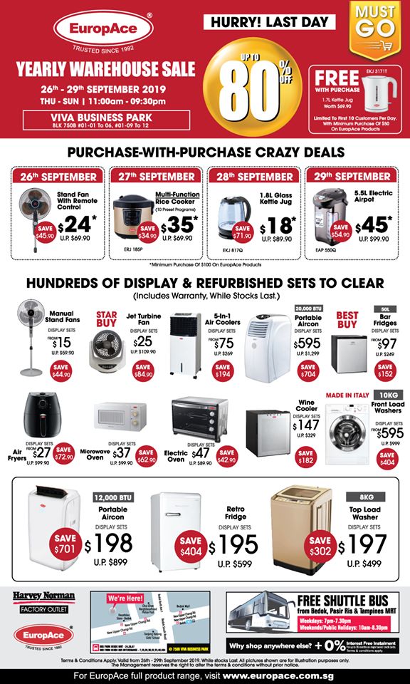 EuropAce Singapore Yearly Warehouse Sale Up to 80% Off Promotion 26-29 Sep 2019 | Why Not Deals