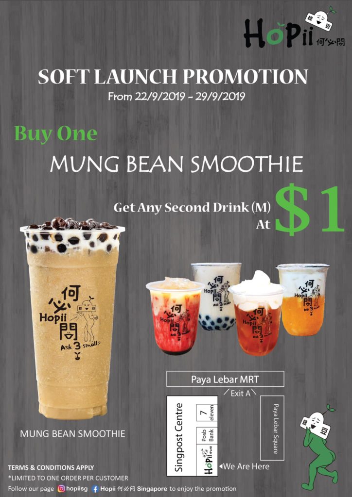 Hopii 何必问 Singapore Buy 1 Mung Bean Smoothie & Get 2nd Drink at $1 Opening Promotion 23-29 Sep 2019 | Why Not Deals