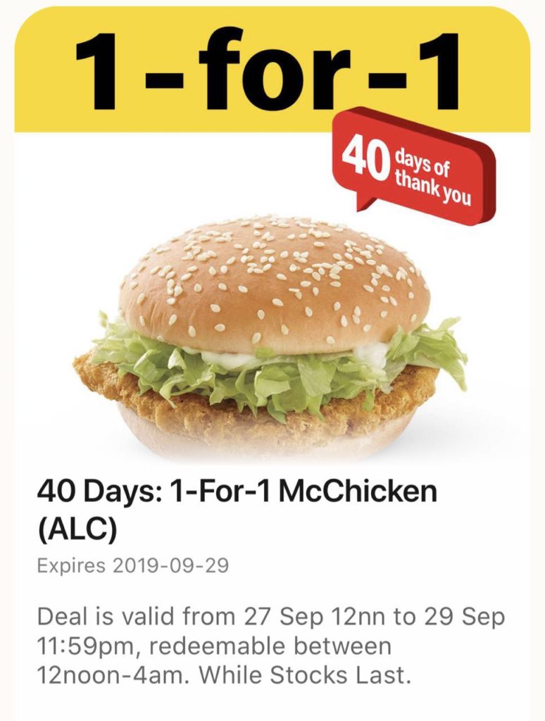McDonald's Singapore 40 Days: 1-For-1 McChicken Promotion 27-29 Sep 2019 | Why Not Deals