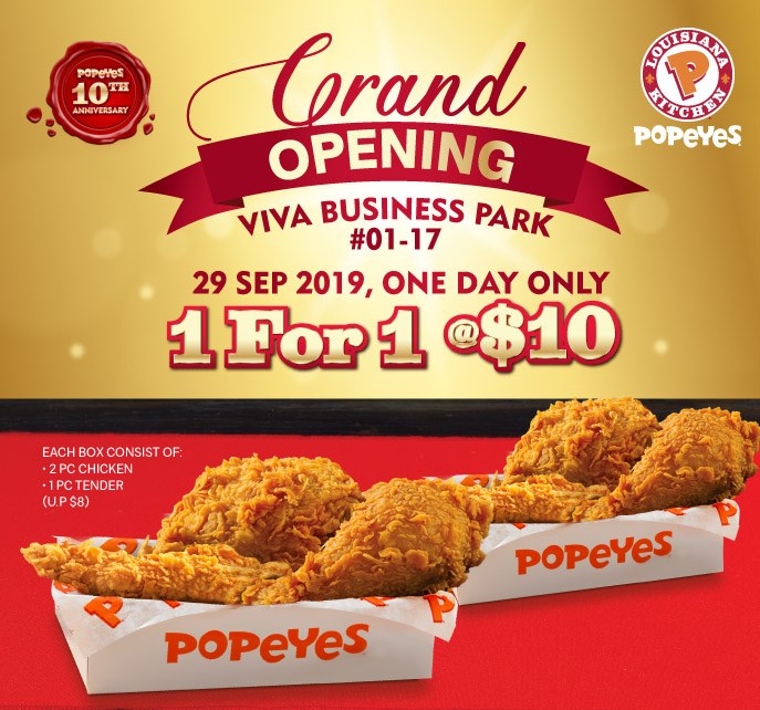 Popeyes Singapore Viva Business Park Opening 1-for-1 Promotion 29 Sep 2019 | Why Not Deals